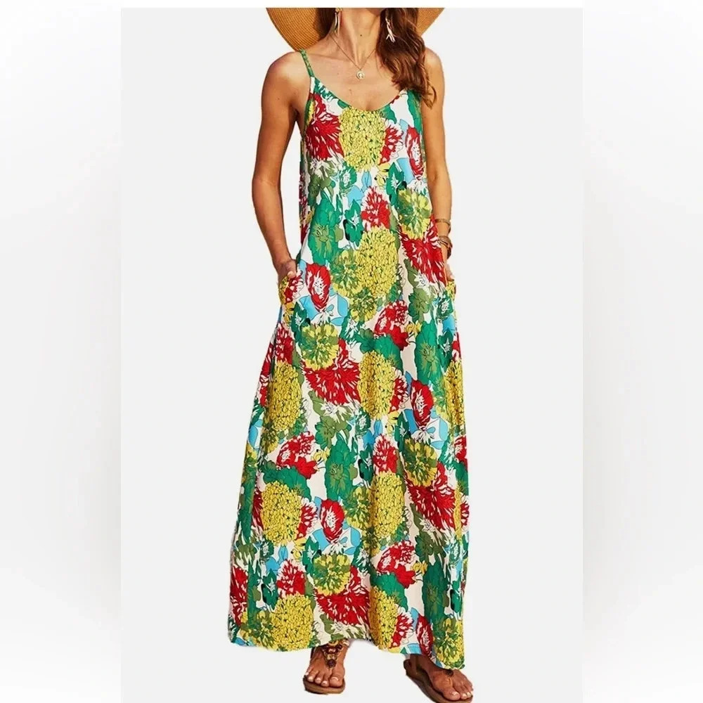 NWT OURS Maxi Spaghetti Dress MultiColor Floral Print Luxuriously Soft, Medium - Picture 1 of 7